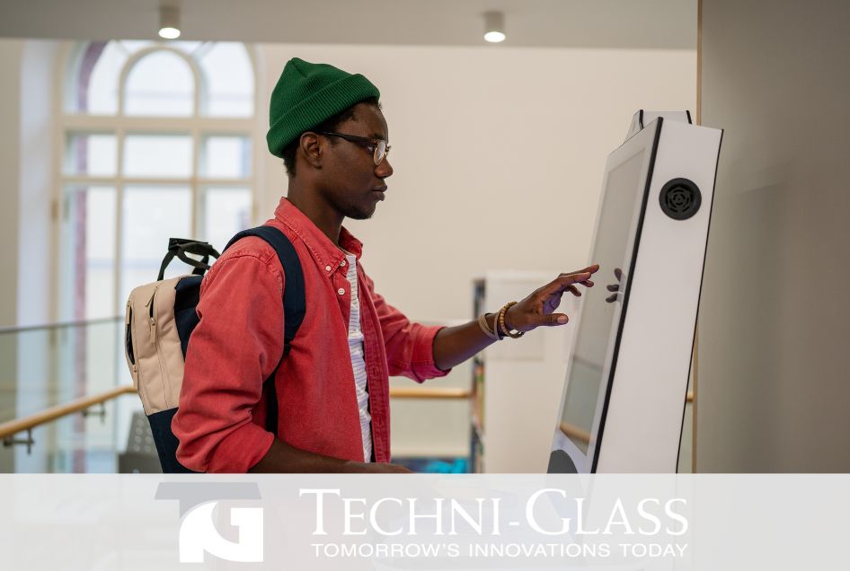 Man using interface on smart glass surface