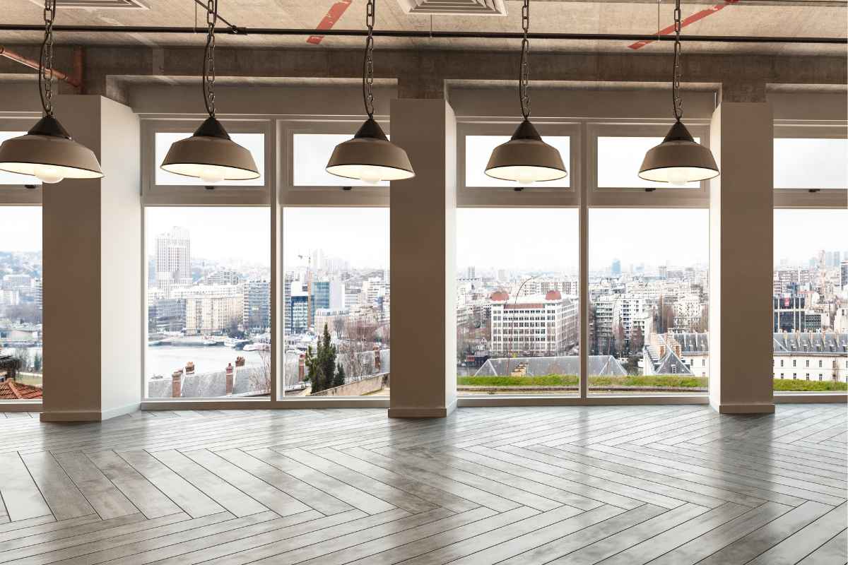 The camera looks our of a commercial glass window set.