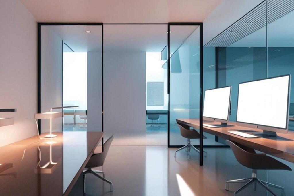 A office space is adorned with custom glass cubicles.