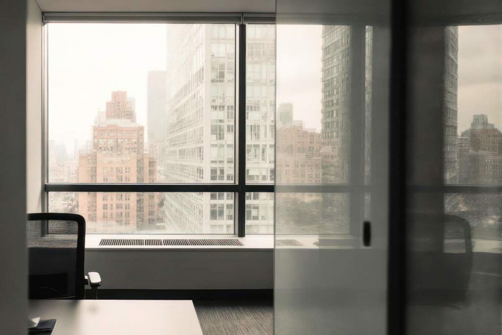 Soundproof glass has been installed in an office.